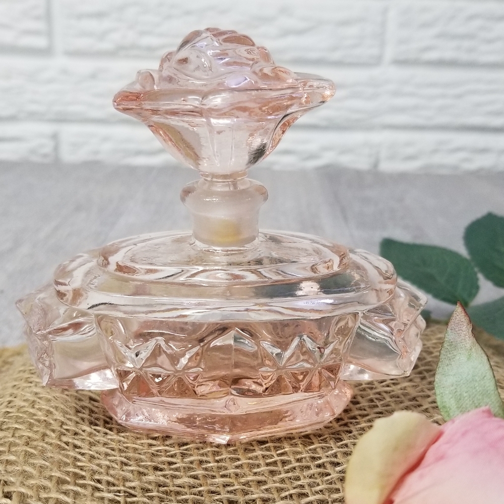 Vintage Pink Glass Perfume Bottle With Rose Stopper